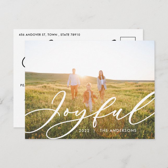 Modern minimal foliage 1 photo script elegant holi holiday postcard (Front/Back)