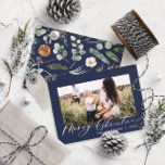 Modern minimal foliage photo script elegant blue foil holiday card<br><div class="desc">Modern minimal foliage script real foil classy elegant holiday Christmas card. Hand painted eucalyptus,  minimal foliage and modern rustic rattan wreath give this holiday card a luxurious feel. In classy green,  blue,  brown,  black and greys.</div>