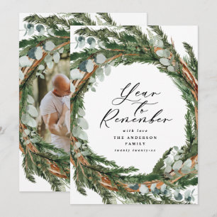 Modern minimal foliage wreath 1 photo Christmas Holiday Card