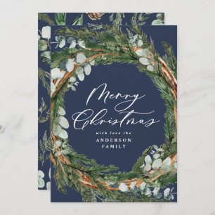 Modern minimal foliage wreath blue Christmas Holiday Card