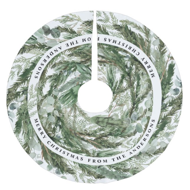 Modern minimal foliage wreath elegant winter brushed polyester tree skirt (Front)