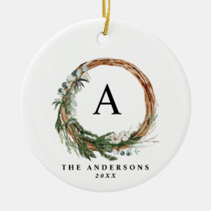 Modern minimal foliage wreath peace script holiday ceramic ornament