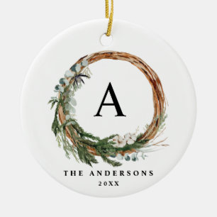 Modern minimal foliage wreath peace script holiday ceramic ornament