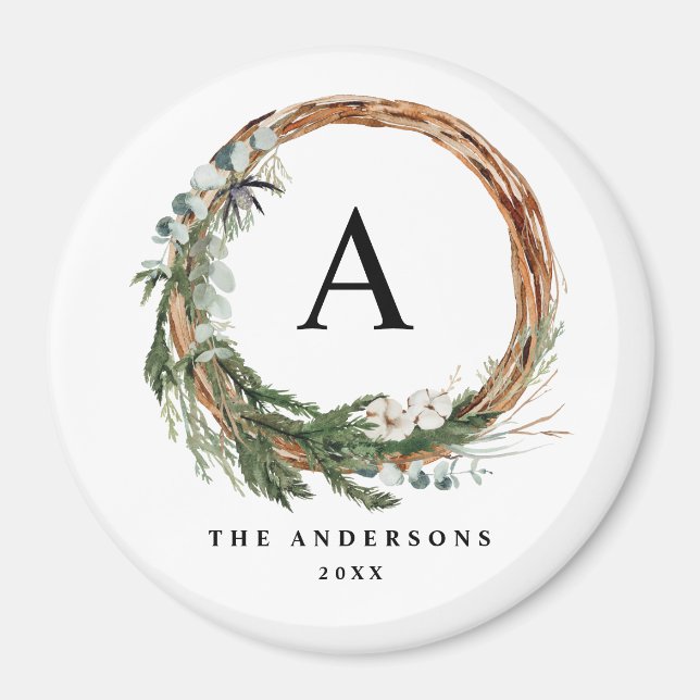 Modern minimal foliage wreath peace script holiday magnet (Front)