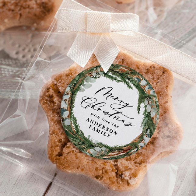 Modern minimal foliage wreath script Christmas Classic Round Sticker (Creator Uploaded)