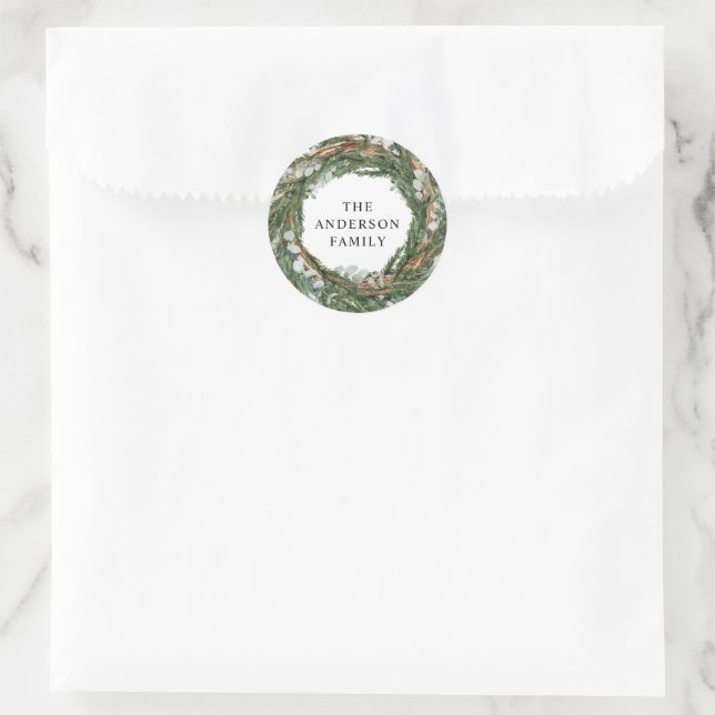 Modern minimal foliage wreath script Christmas Classic Round Sticker (Bag)