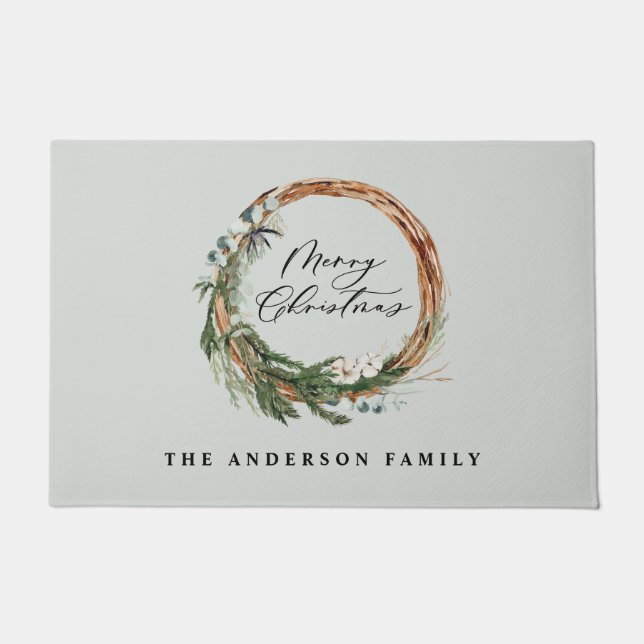 Modern minimal foliage wreath script Christmas Doormat (Front)