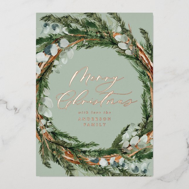 Modern minimal foliage wreath script Christmas Foi Foil Holiday Card (Front)