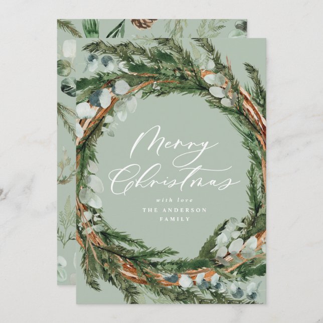 Modern minimal foliage wreath script Christmas Holiday Card (Front/Back)