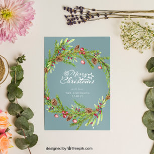 Modern minimal foliage wreath script Christmas  Holiday Card