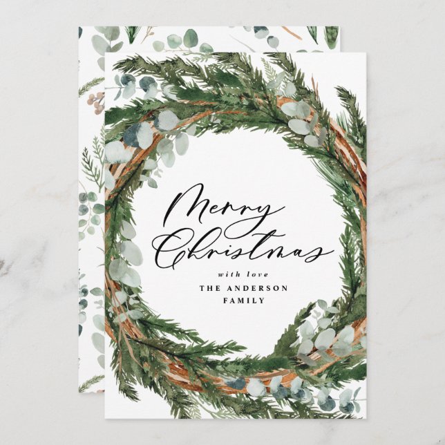 Modern minimal foliage wreath script Christmas Holiday Card (Front/Back)