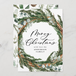 Modern minimal foliage wreath script Christmas Holiday Card