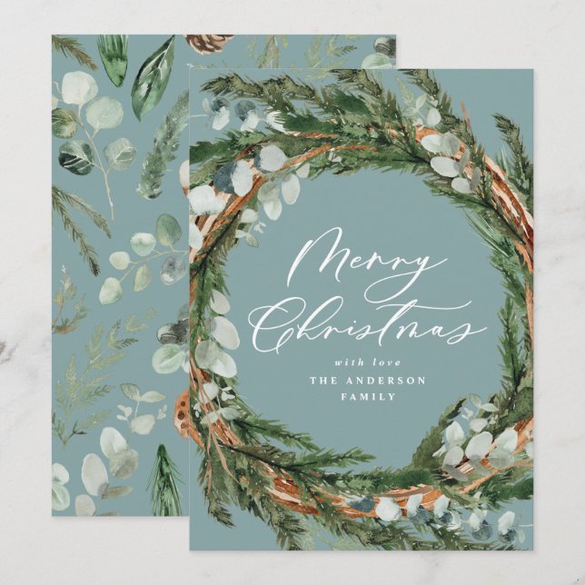 Modern minimal foliage wreath script Christmas Holiday Card (Front/Back)