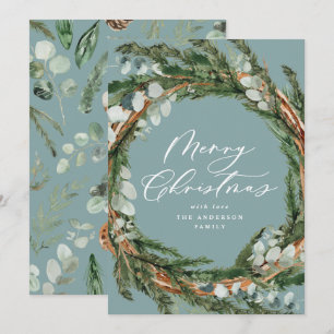 Modern minimal foliage wreath script Christmas Holiday Card