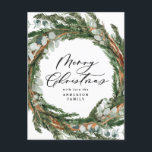 Modern minimal foliage wreath script Christmas Holiday Postcard<br><div class="desc">Modern minimal foliage wreath script Merry Christmas holiday Christmas card. Hand painted eucalyptus,  pine tree branch,  minimal foliage and modern rustic rattan wreath give this holiday card a luxurious feel. In classy greens,  browns and greys.</div>