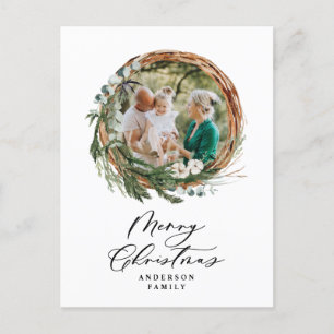 Modern minimal foliage wreath script Christmas Holiday Postcard