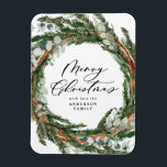 Modern minimal foliage wreath script Christmas Magnet<br><div class="desc">Modern minimal foliage wreath script Merry Christmas holiday Christmas card. Hand painted eucalyptus,  pine tree branch,  minimal foliage and modern rustic rattan wreath give this holiday card a luxurious feel. In classy greens,  browns and greys.</div>