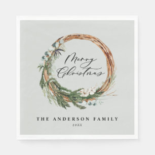 Modern minimal foliage wreath script Christmas Napkin