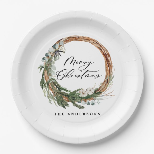 Modern minimal foliage wreath script Christmas Paper Plate (Front)
