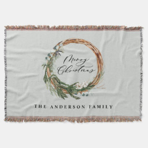 Modern minimal foliage wreath script Christmas Throw Blanket