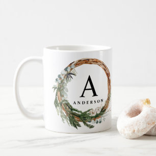 Modern minimal foliage wreath script holiday coffee mug