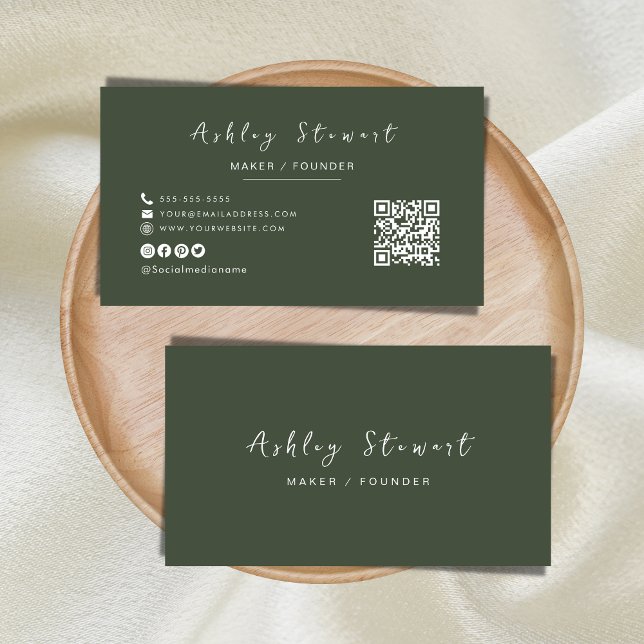 Modern Minimal Forest Green Professional Qr Code Business Card (Creator Uploaded)