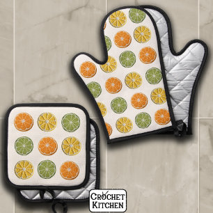 Modern Minimal Fresh Crochet Citrus Slices Pattern Oven Mitt & Pot Holder Set