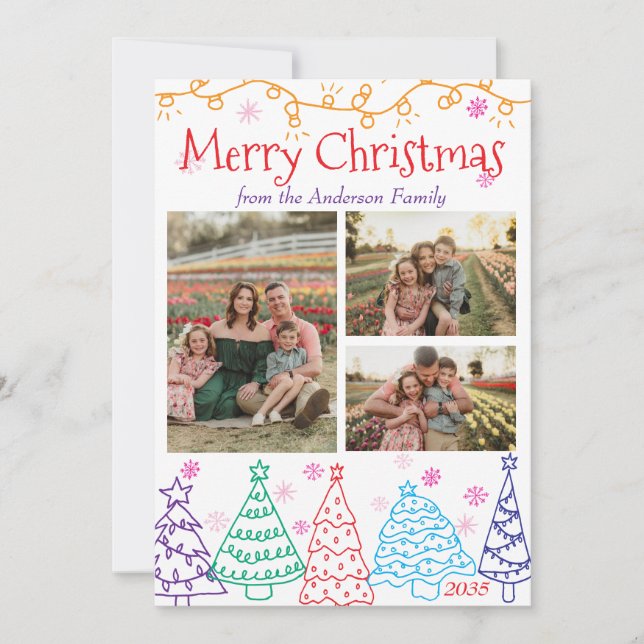 Modern Minimal Fun 3 Photo Doodle Christmas Holiday Card (Front)