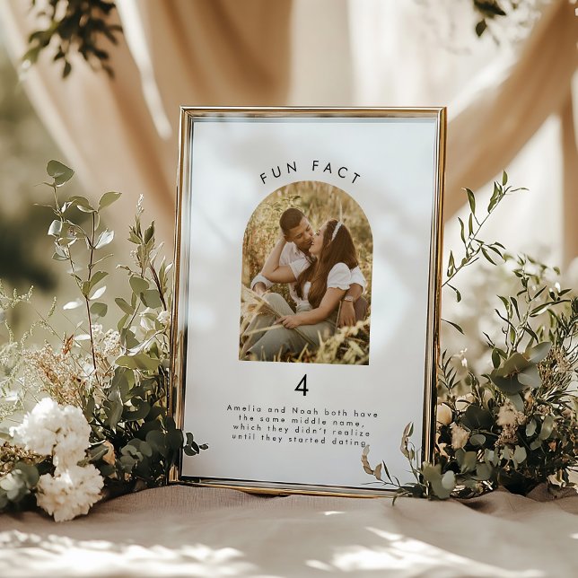 Modern Minimal Fun Fact Wedding Photo Table Number (Creator Uploaded)