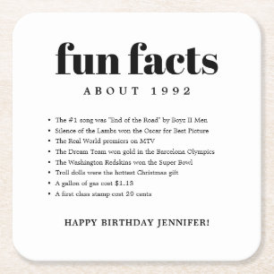 Modern Minimal Fun Facts Birthday Year Square Paper Coaster
