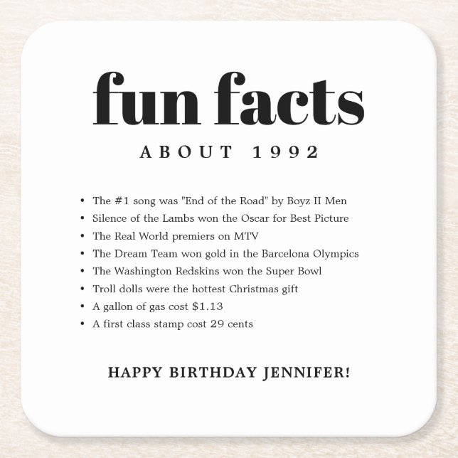 Modern Minimal Fun Facts Birthday Year Square Paper Coaster (Front)