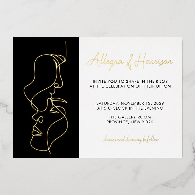 Modern Minimal Gold Black Line Art Wedding  (Front)