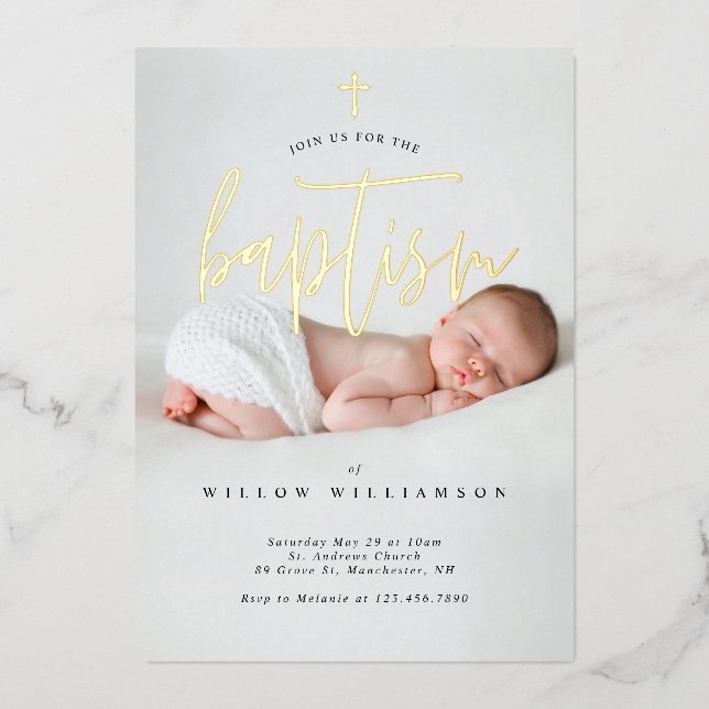 Modern Minimal Gold Calligraphy Baby Photo Baptism (Front)