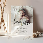 Modern Minimal Gold Calligraphy Baby Photo Baptism Invitation<br><div class="desc">Celebrate your son or daughter's baptism with our beautiful, modern and minimal design. Our design features a full photo layout, with the word "baptism" designed in a beautiful brush style script font in faux gold and black. The "T" from the word baptism is coloured in faux gold to represent a...</div>