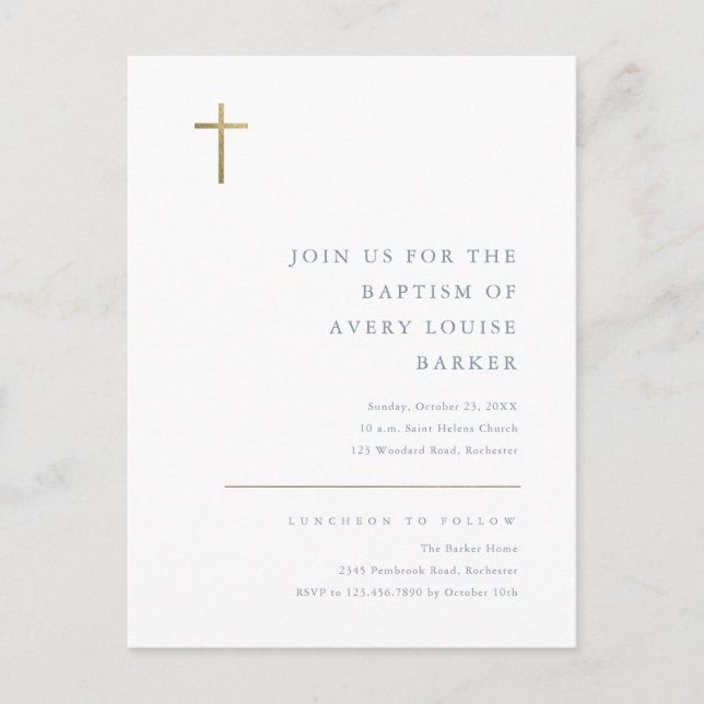 Modern Minimal Gold Cross Baptism Invitation Postcard (Front)