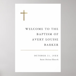 Modern Minimal Gold Cross Baptism Welcome Poster