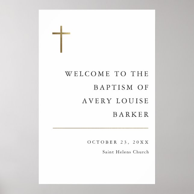 Modern Minimal Gold Cross Baptism Welcome Poster (Front)