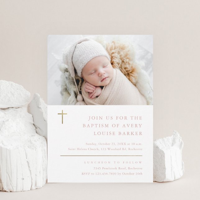 Modern Minimal Gold Cross Photo Baptism Invitation (Creator Uploaded)