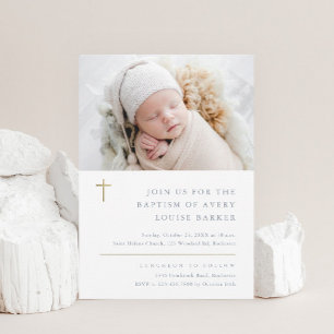 Modern Minimal Gold Cross Photo Baptism Invitation