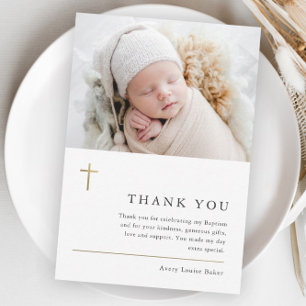 Modern Minimal Gold Cross Photo Baptism Thank You