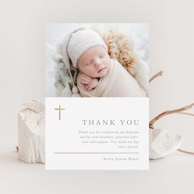 Modern Minimal Gold Cross Photo Baptism Thank You (Creator Uploaded)
