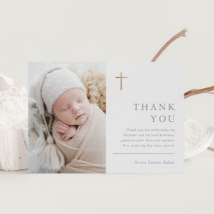 Modern Minimal Gold Cross Photo Baptism Thank You Card