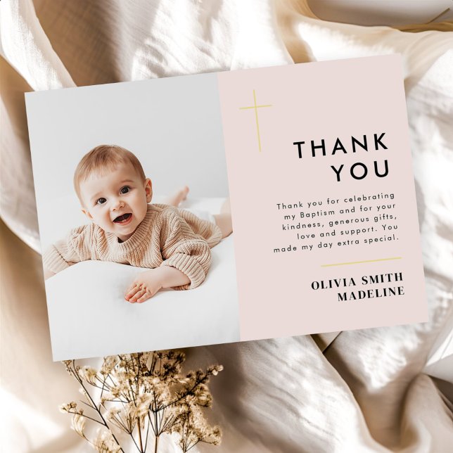 Modern Minimal Gold Cross Photo Baptism Thank You Card (Creator Uploaded)