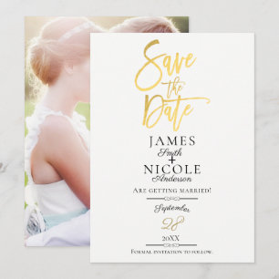 Modern Minimal Gold Foil Full Photo Save the Date Invitation