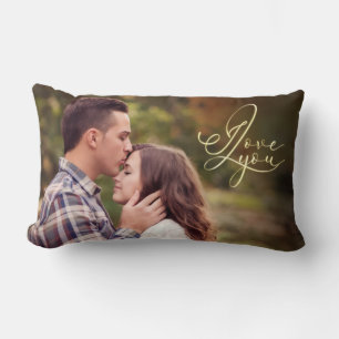 Modern Minimal Gold I Love You Typography Photo Lumbar Pillow