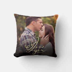 Modern Minimal Gold I Love You Typography Photo Throw Pillow