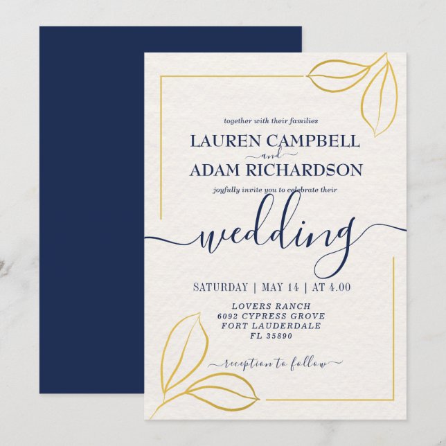 Modern Minimal Gold leaf and Blue txt wedding Invitation (Front/Back)