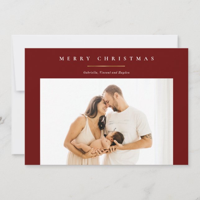 Modern Minimal Gold Red Merry Christmas Photo Card (Front)