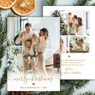 Modern Minimal Gold Script 4 Photo Merry Christmas Holiday Card