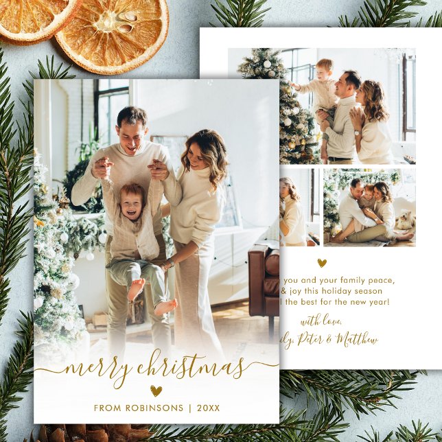 Modern Minimal Gold Script 4 Photo Merry Christmas Holiday Card (Creator Uploaded)